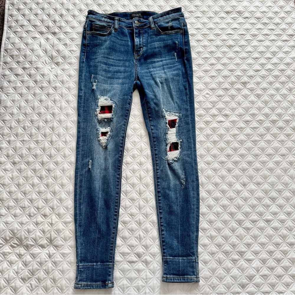 Judy Blue Distressed Skinny Red Buffalo Plaid Denim Blue Jeans Size 9/29 - Picture 2 of 15